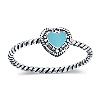 Petite Dainty Heart Promise Ring Band Simulated Turquoise Oxidized Braided 925 Sterling Silver